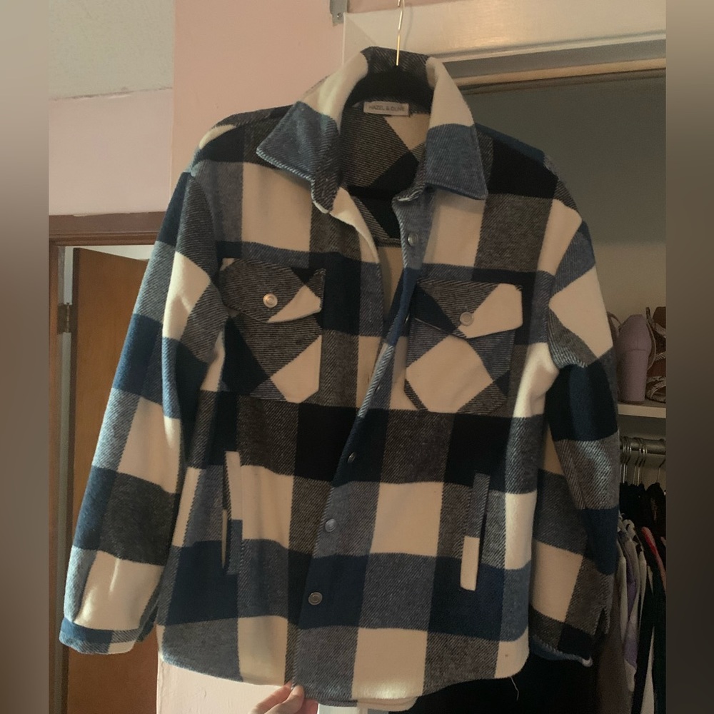 Navy blue and white flannel shacket with pockets